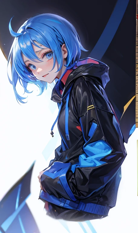 She is wearing large futuristic headphones, is smiling, has blue hair, and is dressed in futuristic clothing, has her hands on the headphones, is facing the viewer, has futuristic clothing on her lower body, and is wearing high heels.