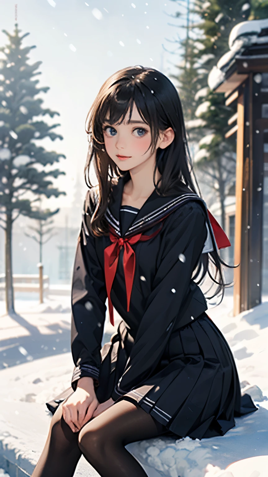 (((Masterpiece))),((top quality)),one beautiful girl,bangs、(black sailor uniform:1.5)、red scarf、(black pantyhose)、(dark brown loafers)、snow girl, beautiful digital art work, 美しいsnow girl, beautiful fantasy art, very beautiful fantasy art,,(sitting in the snow:1.5)