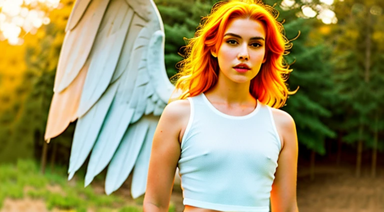 raw photo, (1girl:1.2), full body, orange hair, green eyes, white clothes, realistic skin texture, softcore, warm lighting, outdoor background, Instagram style, bird wings