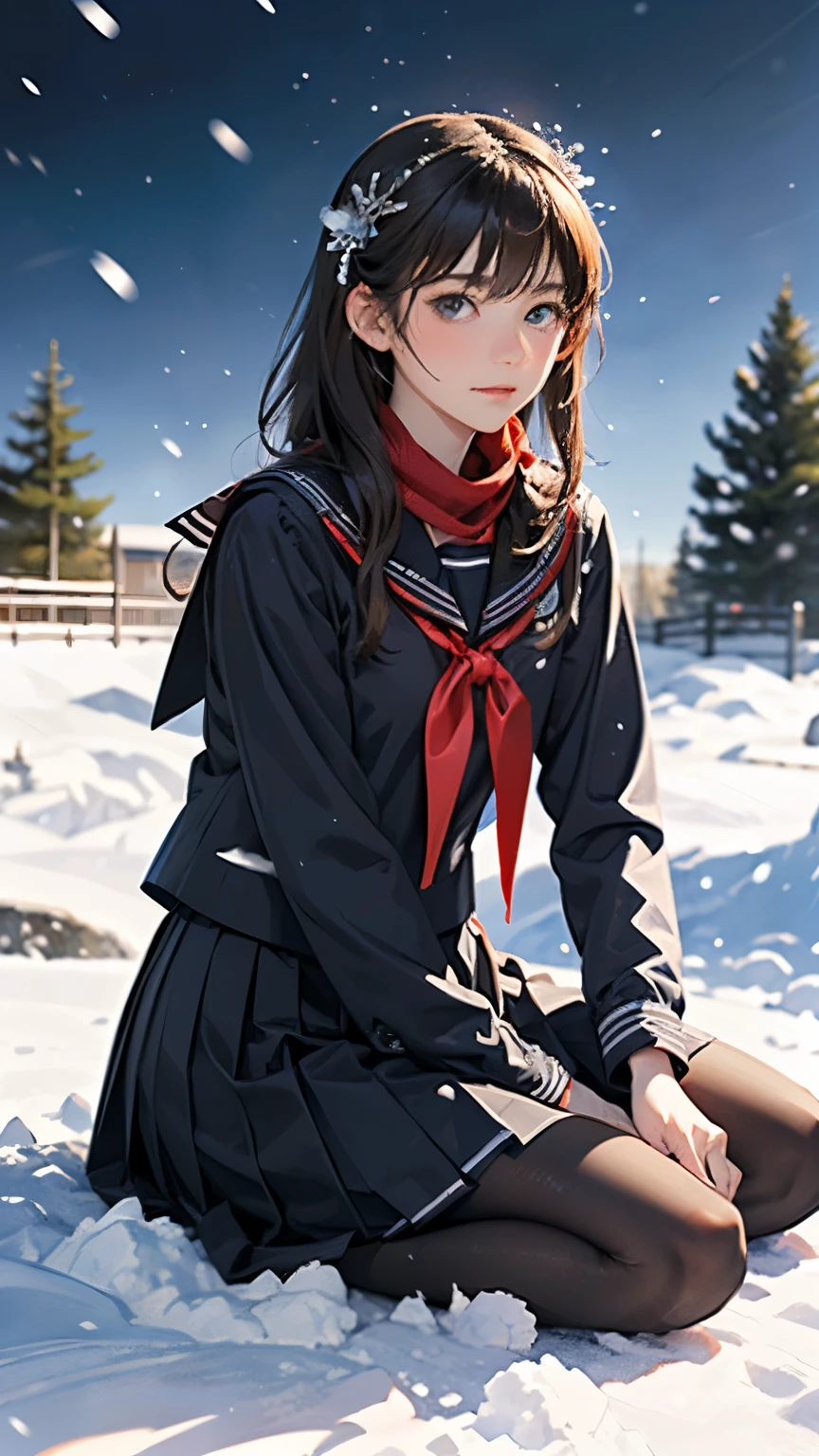 (((Masterpiece))),((top quality)),one beautiful girl,bangs、(black sailor uniform:1.5)、red scarf、(black pantyhose)、(dark brown loafers)、snow girl, beautiful digital art work, 美しいsnow girl, beautiful fantasy art, very beautiful fantasy art,,(sitting in the snow:1.5)