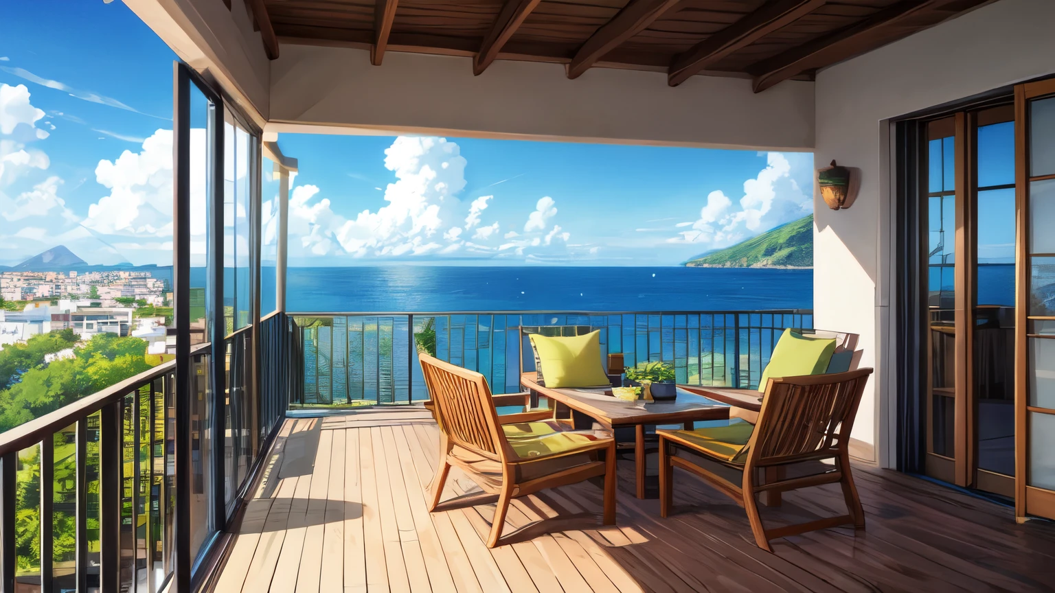 anime styled image. terrace with seaview. no characters