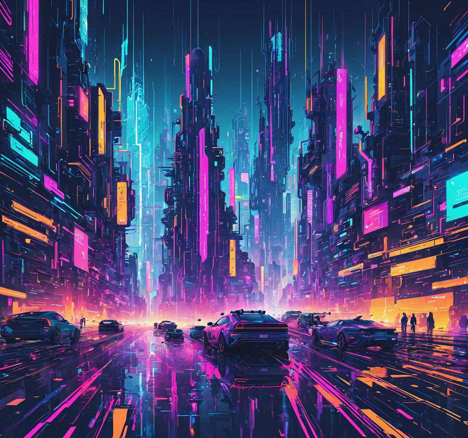city ,cyberpunk, color full, splash art, vector art,thick lines, glitch art, flat colors, key visual, vibrant, technical drawing, line art, minimalist, masterpiece, 4k, Full HD
