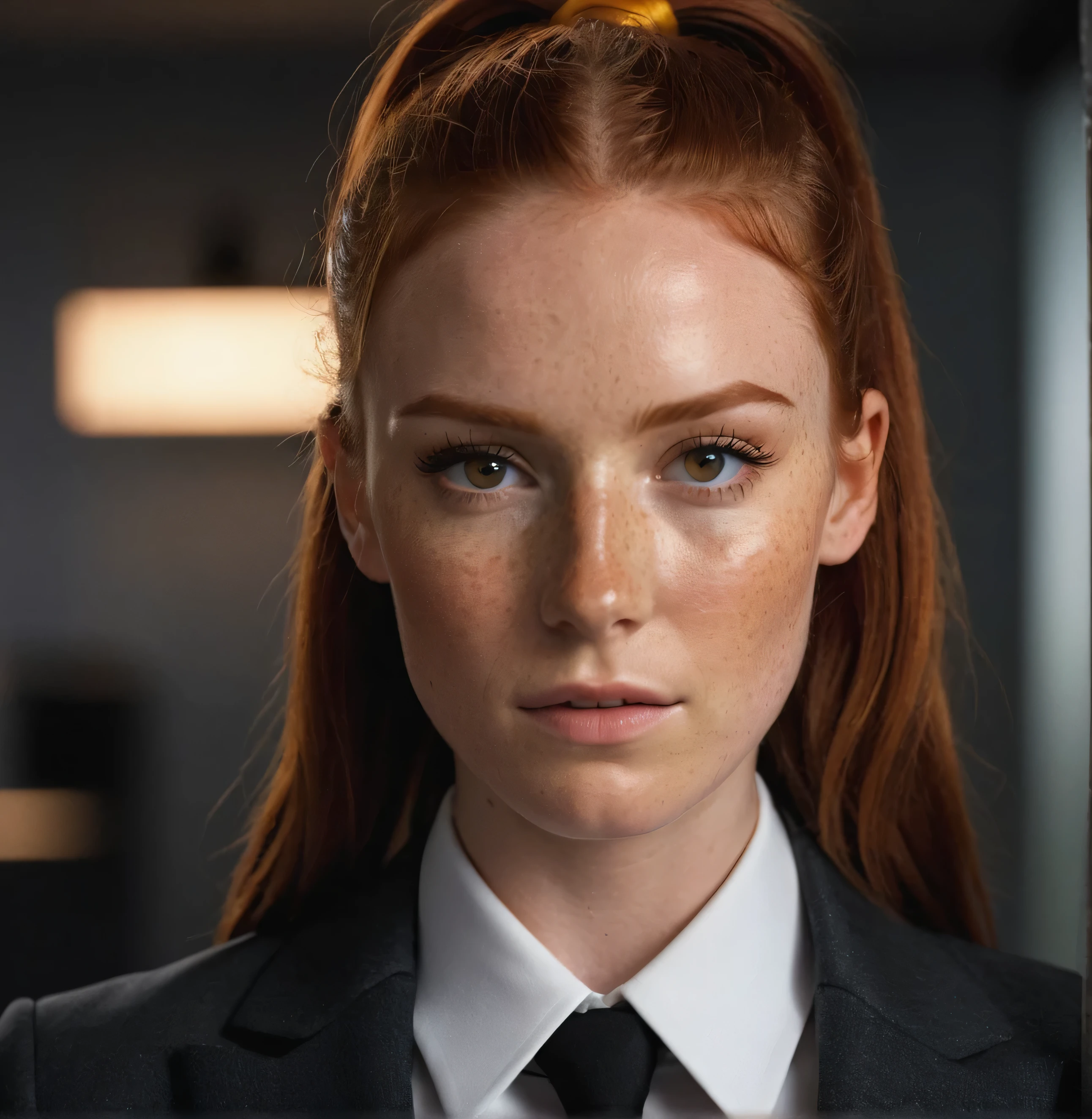 photo,8k,sharp focus,beautiful woman, black hair, Suit,(detailed eyes:0.8),(looking at the camera:1.4),(highest quality),(best eyeshadow),brown eyes,rim lighting,two tone lighting,dimly lit,low key,intricate details,office,ponytails,ginger hair:1.3,freckles, photo, (realistic:1.3), 8k,