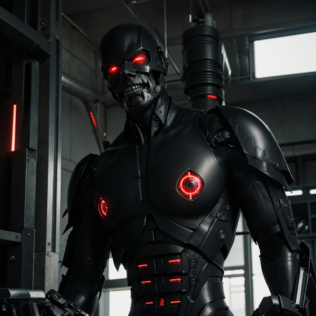 The person is tall and muscular, with an impressive mechanical body that amazes everyone who sees him. His red glowing eyes pierce the darkness, giving him a menacing appearance. His black metallic skin gleams in the sunlight, giving him an eerie presence. He exudes an aura of danger and mischief, and his evil smile suggests that he knows no mercy. His assimilation into the world of machines has alienated him from his humanity, and he now seems to be only a shadow of his former self. Despite this, he remains a man who once lived a normal life before becoming this dangerous cyborg. His past may be blurred, but his gaze reveals that he still carries the memories of his former self within him. Male, his naked body is Watching