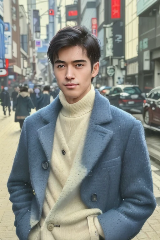 young man.masterpiece.Wearing a blue crew neck sweater and wool jacket.hands in coat pockets.Standing on the streets of Tokyo in winter (realistic pictures:1.4), ((1 28-year-old Japanese young man)), (ultra high resolution:1.2), Very delicate and handsome, wonderful, Highly detailed CG Unity 8k wallpaper grade, super detailed, High resolution, soft light, handsome japanese man,Neatly combed suit hair. Highly detailed eyes and faces, Beautifully detailed nose, Beautiful and delicate eyes,