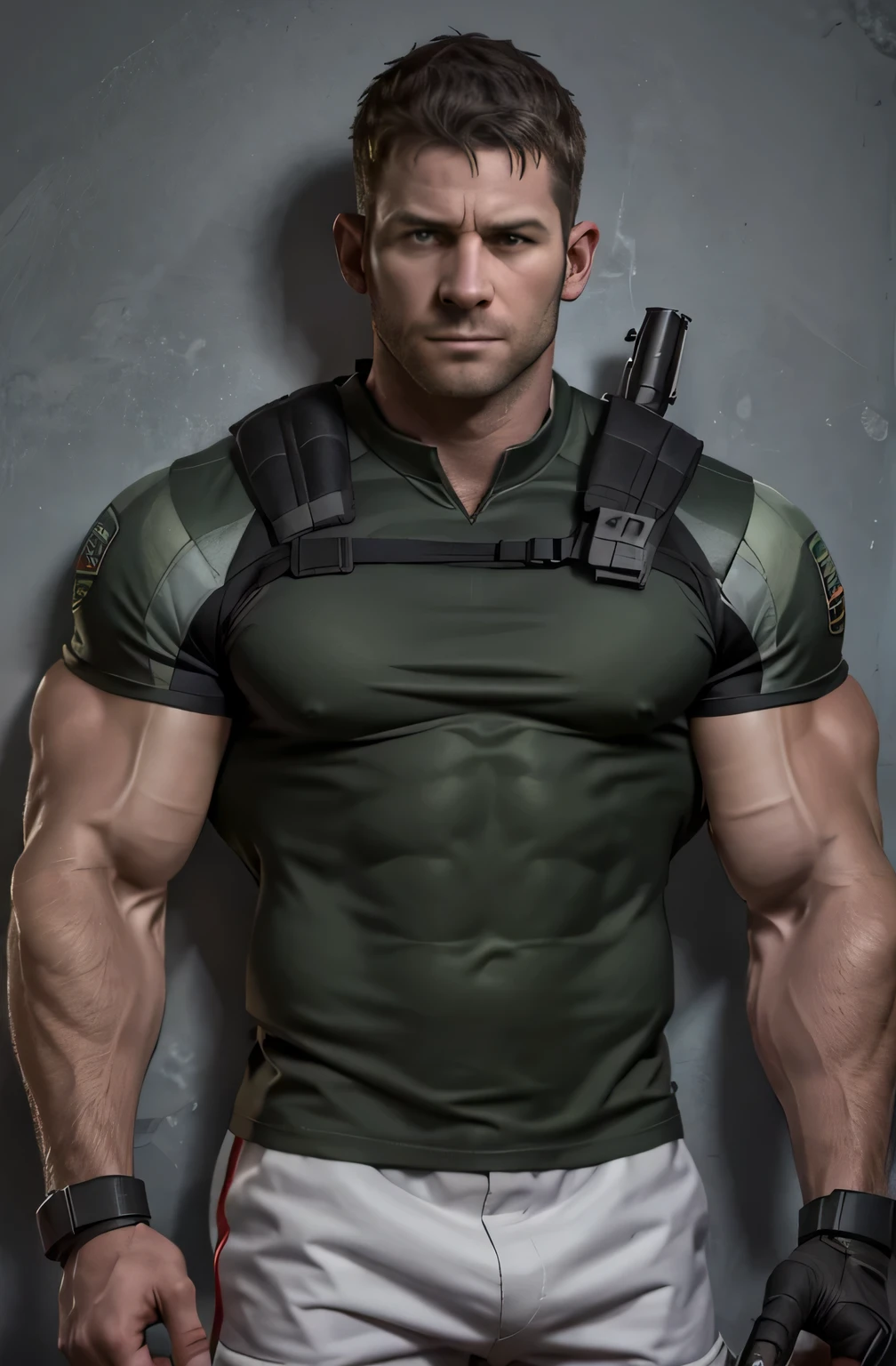 1 person, alone, 35 years old, chris redfield, Wearing a green T-shirt, serious face, looking at camera, Shoulder White,bsaa logo on shoulder, military tactics, equipment, (2 hands holding a pistol), tall and strong, biceps, abdominal muscles, Chest, best quality, masterpiece, High resolution:1.2, upper body shot, Pitch-black corridors,No background