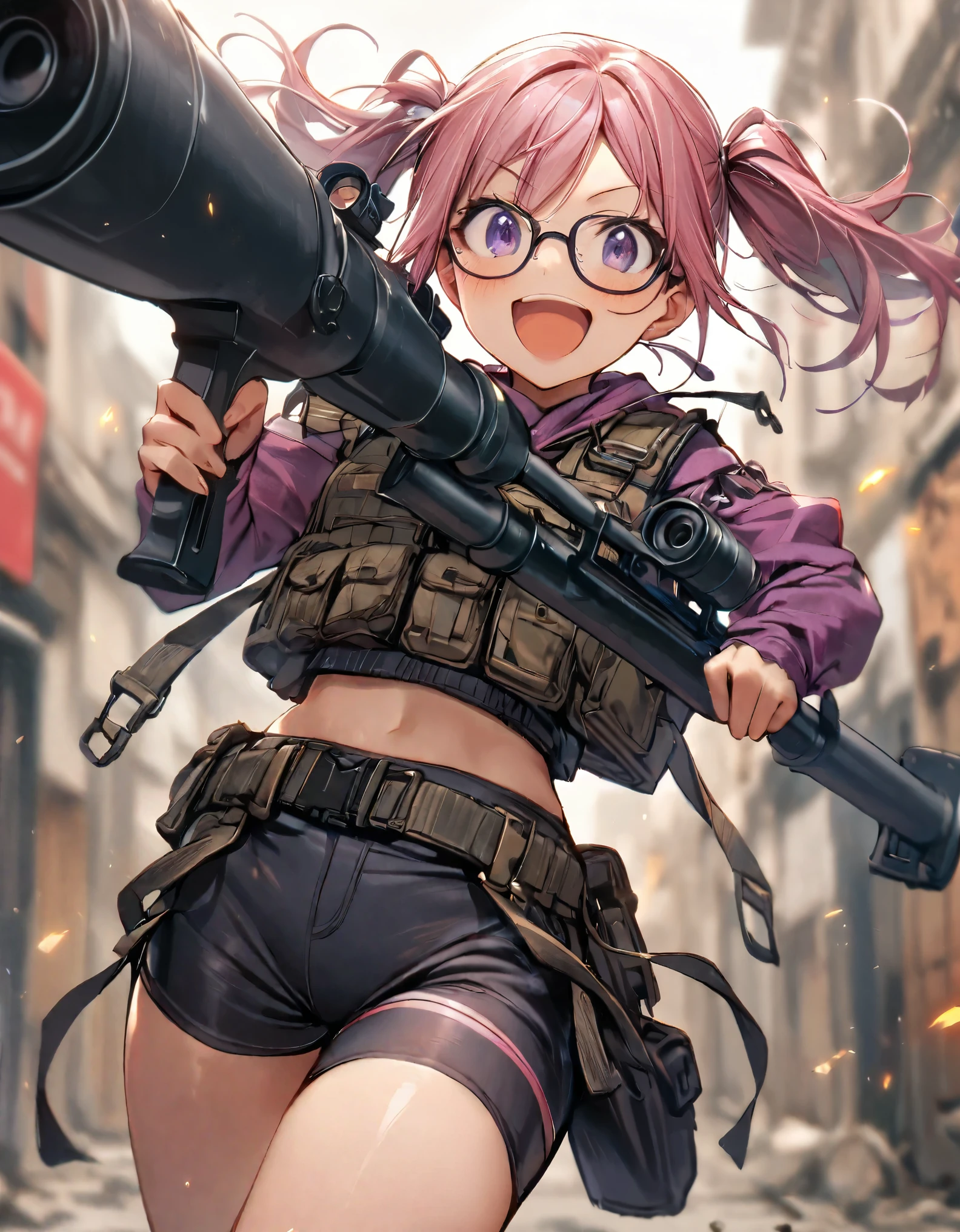 1girl, solo, hoodie, biker shorts, assault vest, (using weapon, bazooka), open mouth, wacky face, smile, :d, (pink hair, dark purple eyes, twintails, glasses)