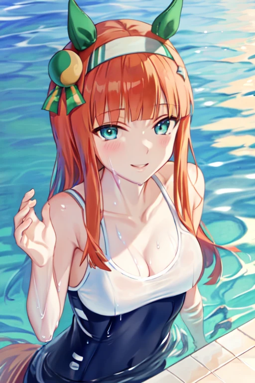 masterpiece, Highest quality，Highest quality，{{{Agnes Tachyon/umamusume}}}，{{Brown Hair}}，Red eyes，Look at the viewers，blush，smile，Mouth closed，，{{{chest}}}，{{{Swimwear}}}，Pool