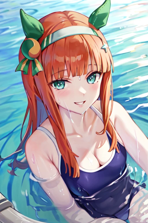 (Best quality:1.3), silence suzuka (umamusume), cleavage, one-piece swimsuit, (soaking wet:1.3), smiling, swimming pool, (pov)