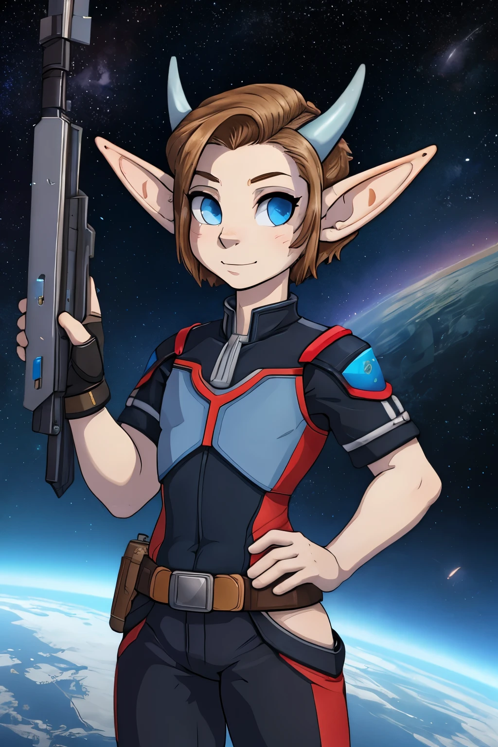 (Cute elf tomboy), space station background, thin body, slim, fit, very short hair, dark blonde hair, (slicked back hair, forehead), blue eyes, forehead, flat chested, grey dragon horns, spots on cheeks 