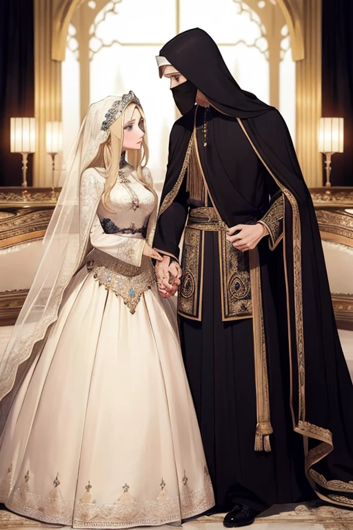 ((highest quality)), ((masterpiece)), (be familiar with), ((female、perfect face、blonde、blue eyes、straight hair、Islam、Islamic Clothing、chador、National costume、blonde))Clothes that hide the face、black clothearriage、bridal gown、政略marriage