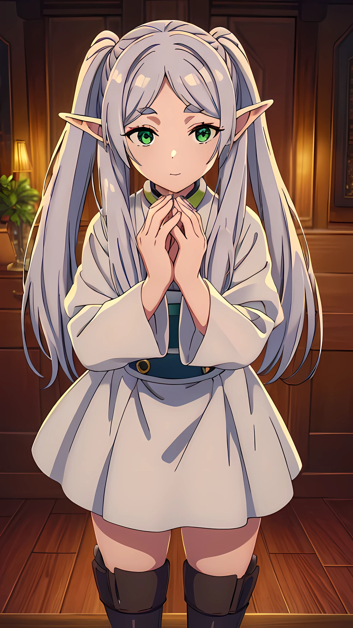 (((((masterpiece, best quality))))), super high resolution, (Top Quality photorealistic Illustration), (Super Definition), (cute illustration:1.3), (high Saturation:1.3), detailed beautiful face and eyes, very detailed background, dynamic lighting, (an extremely delicate and beautiful), (nice hands, perfect hands:1.4), Highly detailed illustration, super-cute and beautiful, BREAK best quality,slender,,babyface,cute,kawaii,((big eye)) floating hair, BREAK solo, An elf girl,Twin tails with gray hair、White robes and skirts、Black tights、Brown boots,Green eyes,Parted bangs,Thick eyebrows,
