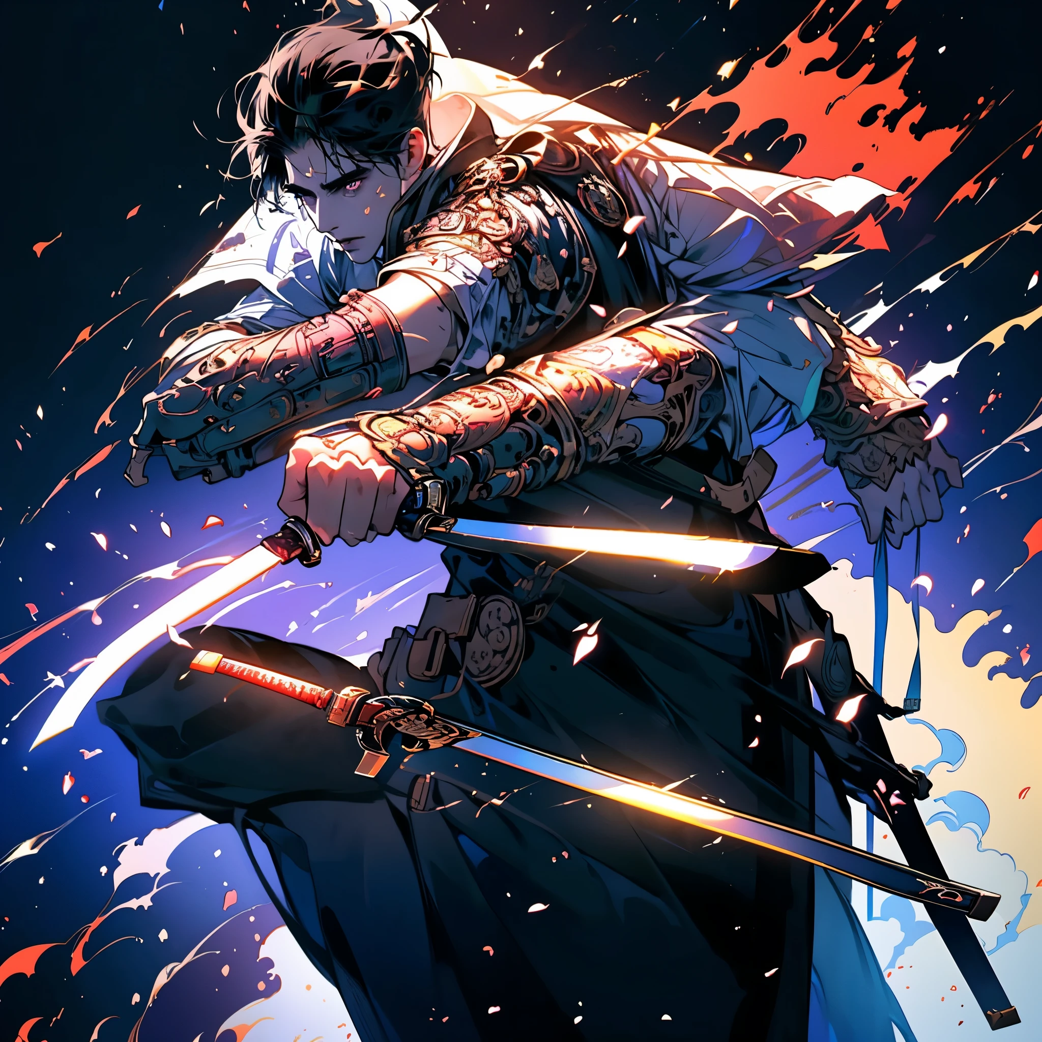 a black hair men holds a sword to a war, shining blade, fantasy sword, light effect on sword, masterpiece, best quality, dramatic lighting, fighting pose, dramatic scenery, war scenery, young men, handsome men, magnificent men, fantasy effect, shining blade, holding sword, war, battlefield, chaos scenery
