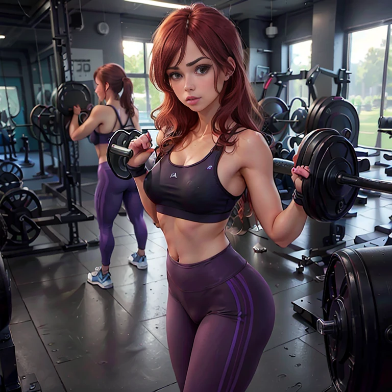 Masterpiece, best quality, detailed face, woman, auburn hair, black sports bra, purple yoga pants, standing, hands behind back, in the gym, sports equipment in the background, looking at viewer, neutral face