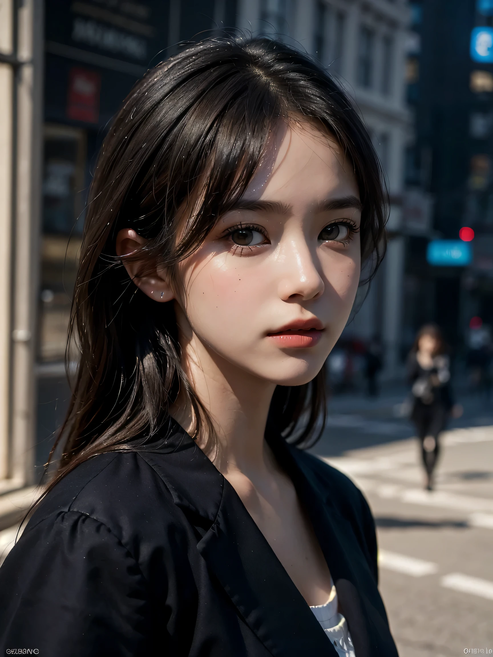 1girl, (looking at viewer:1.2), detail face, (a girl standing, rending on cgsociety, black shadows, streaming, new york backdrop), romanticism, atmospheric, (RAW photo, best quality), (realistic, photo-realistic:1.3), masterpiece, an extremely delicate and beautiful, extremely detailed,