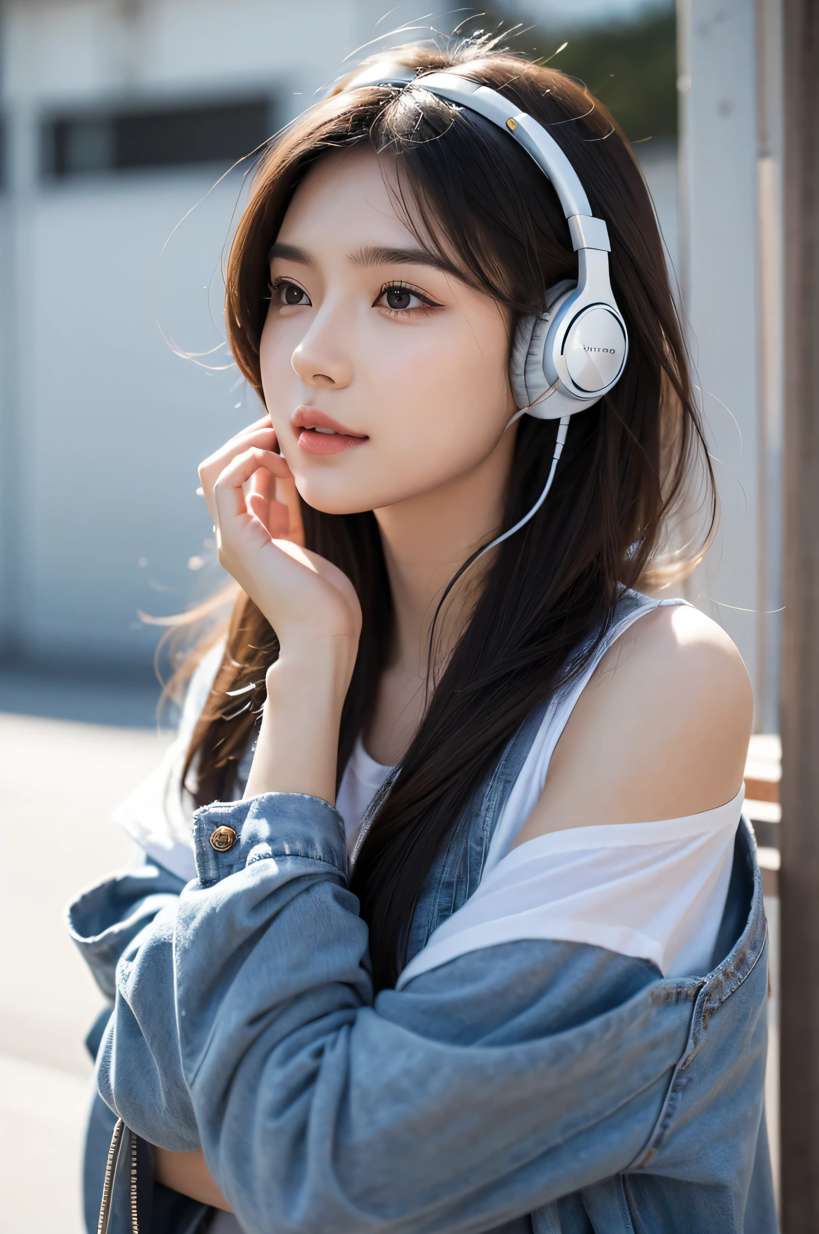 Beautiful girl wearing headphones,He seems to be enjoying listening to music