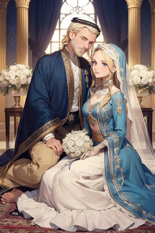 ((highest quality)), ((masterpiece)), (be familiar with), （（female、perfect face、blonde、blue eyes、Islam、Islamic Clothing、chador、National costume、blonde））marriage、bridal gown、政略marriage、middle-aged man、Arab、middle East