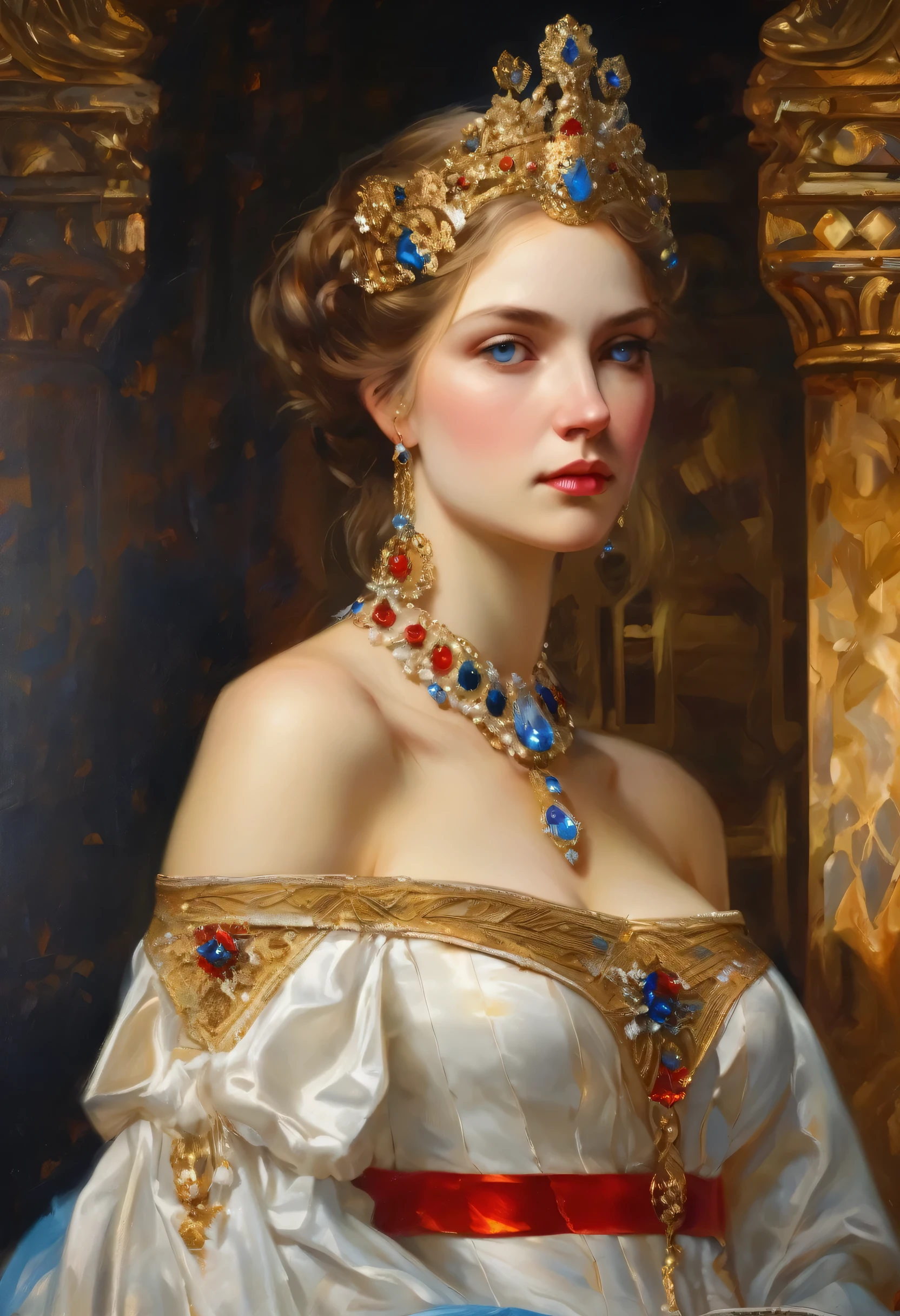 oil painting fantasy, 19th century, empress, woman, gentle face, pale world hair, Blue eyes, in a white royal off-shoulder dress, Gold patterns on fabric, Crystal jewelry, with a scarlet ribbon over the shoulder with the regalia of the monarch, Gothic white stone castle in the background, world, day, HD