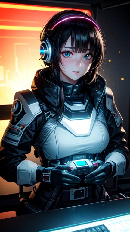 ((Best quality)), ((masterpiece)), (highly detailed:1.3), 3D,full body portrait,rfktr_technotrex, beautiful cyberpunk woman,(wearing head-mounted display that is chunky and hi-tech with neon lights:1.2),wearring a cape,computer hacking,computer terminals,soft glow from neon lights,micro-electronics,computer servers, LCD screens, fibre optic cables, corporate logos,vibrant colours,HDR (High Dynamic Range),Ray Tracing,NVIDIA RTX,Super-Resolution,Unreal 5,Subsurface scattering,PBR Texturing,Post-processing,Anisotropic Filtering,Depth-of-field,Maximum clarity and sharpness,Multi-layered textures,Albedo and Specular maps,Surface shading,Accurate simulation of light-material interaction,Perfect proportions,Octane Render,Two-tone lighting,Low ISO,White balance,Rule of thirds,Wide aperature,8K RAW,Efficient Sub-Pixel,sub-pixel convolution,luminescent particles,light scattering,Tyndall effect 