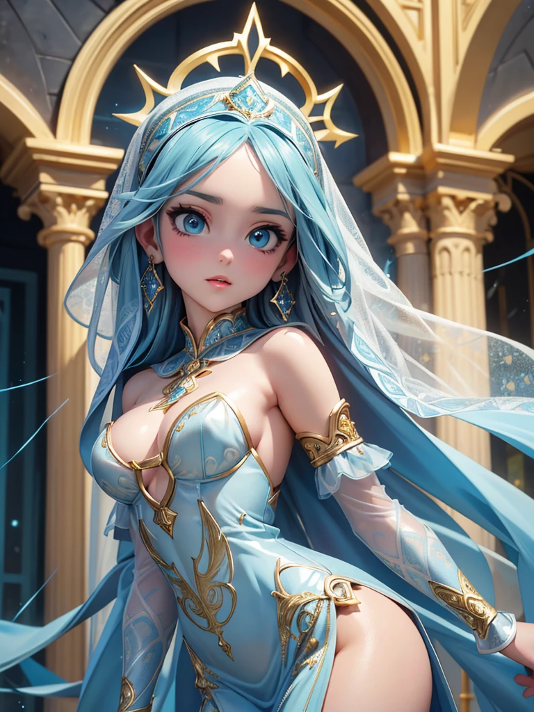 (best quality, high resolution, masterpiece:1.2), Super detailed, Beautiful and delicate lake green eyes, Beautiful and delicate lips, extremely detailed face, super long hair, 1 girl, Beautiful girl with aqua blue hair, Wearing a dark blue nun costume, see-through chiffon platinum nuns headscarf, (gold ornaments), ((golden and silver pattern)), (light blue pattern:1.37), (complex pattern:0.9), Lovely, attractive, portrait, delicate eyes, ancient church, Luminous earrings, Reflective pupil, see-through clothing design, (empty:0.7), chiffon, (lace:0.7), black gloves, Cubist Futurism, anime, Cubist Futurism, anime, 8K, textured skin, UHD, ccurate, textured skin, super detail, UHD, ccurate