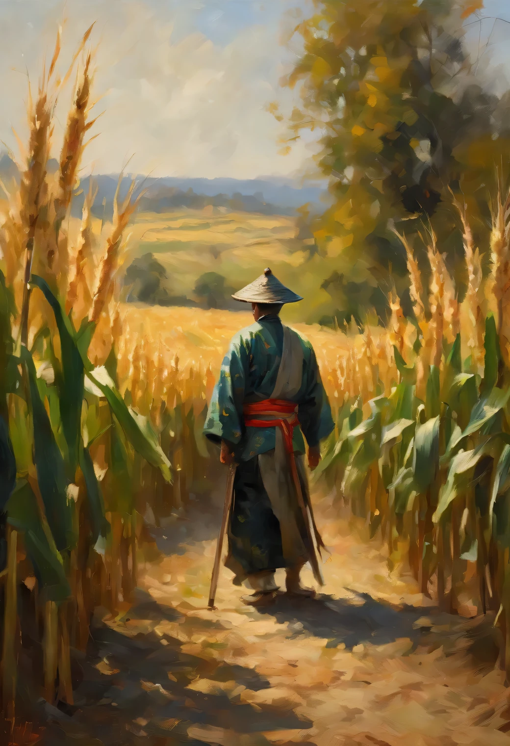 Samurai standing alone in a corn field,traditional Japanese clothing,sword sheathed at waist,majestic and confident stance,calm and focused expression,gentle wind rustling the golden corn stalks,shades of green and yellow,soft sunlight filtering through the leaves,subtle shadows playing on the ground,high quality,4k resolution,masterpiece:1.2,ultra-detailed,realistic:1.37,portraits,natural color palette,subtle lighting effects