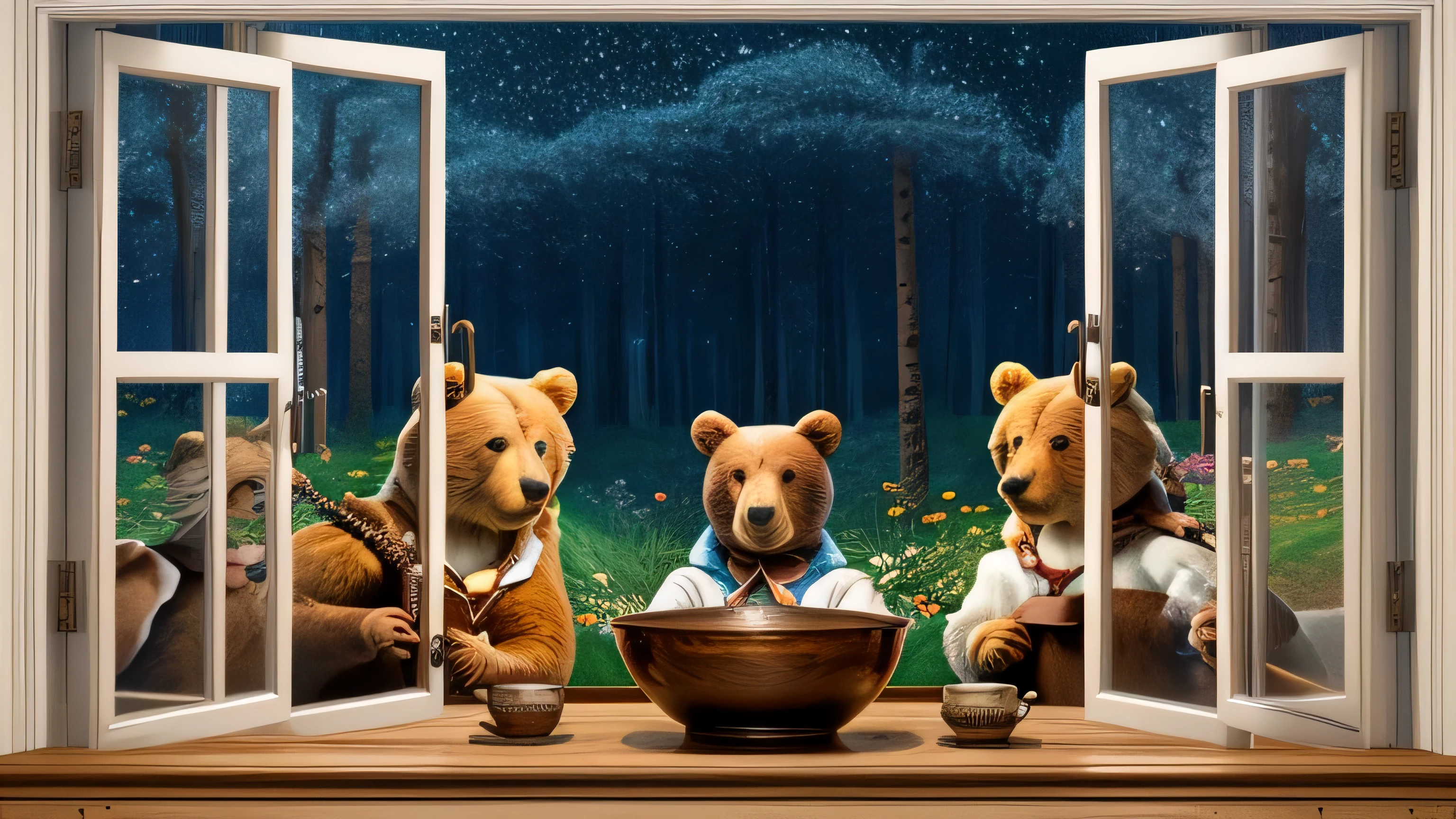 (story of the 3 bears and Goldilocks) goldilocks looked out the window and saw the 3 bowls. Animated style, children’s cartoon, children’s tale, evening tale, hut of the 3 bears in the forest. (best quality, 8k, masterpiece: 1.2) ultra-detailed.