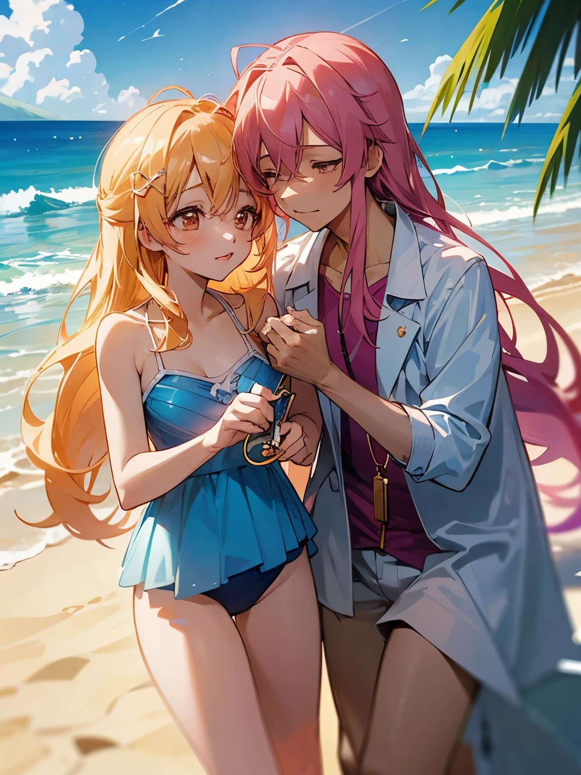 anime couple in swimsuits on beach with blue sky and clouds, shoujo romance, shoujo, shoujo manga, golden time, hana yata, shojo, visual novel key visual, gapmoe yandere, yuyushiki, slice of life anime, visual novel cg, official anime key media, shojo manga, summer setting, cel shaded anime