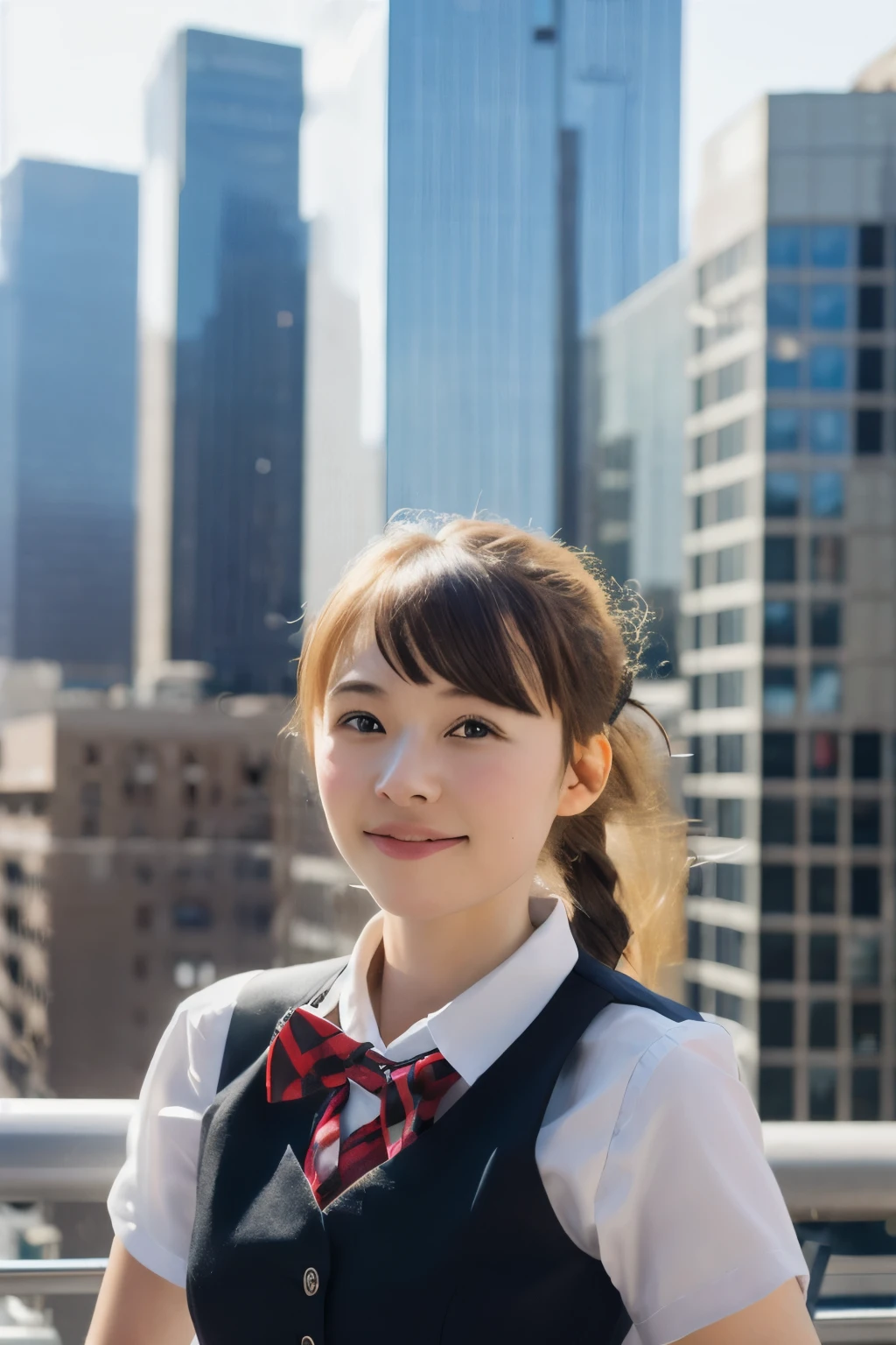 1girl, matured female, vest, bow, photo, realistic, best quality, hires, detailed face, office, buildings from window, detailed background, diffused sunlight, depth of field, bokeh