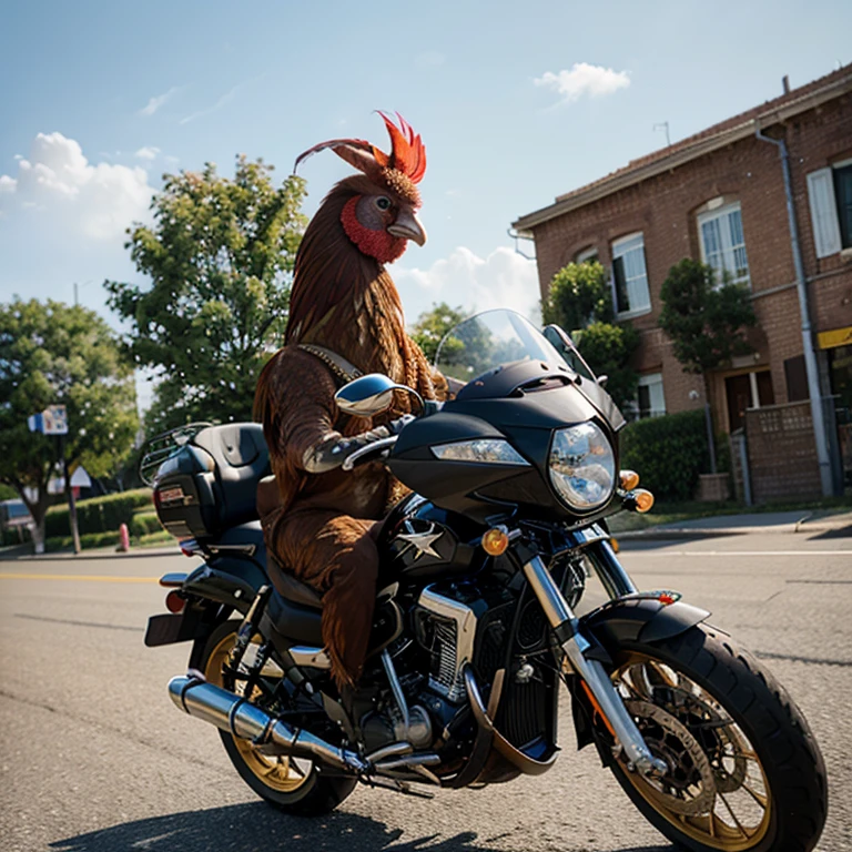 (Best quality, Ultra-detailed: 1.2), Striking photograph of a gallo (rooster) riding on a motorcycle, Unique setting, vibrant colors, Realistic textures, (Sharp focus on gallo's feathers: 1.5), (Exaggerated perspective: 0.8), Seemingly defying the laws of nature, Detailed motorcycle with shiny chrome, intricate engine, tires on asphalt, (Riding with one leg raised: 0.4), Sunlight illuminating the scene, golden hour, (Dynamic lighting: 0.9), Cinematic, capturing the adventure and surprise, Detailed background