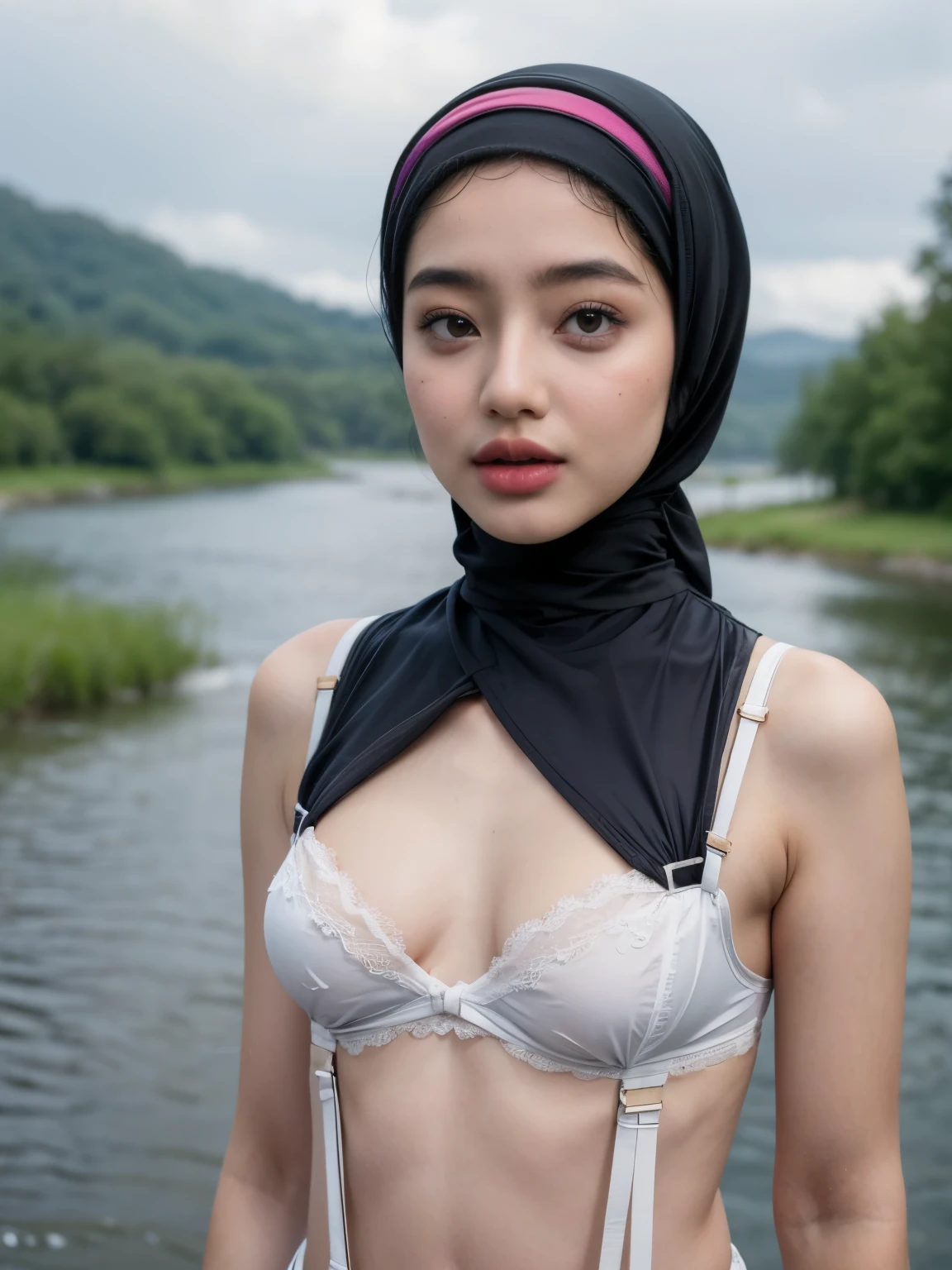 (WEARING SUSPENDER), ((Open mouth)), Naked singlet (((HIJAB MALAY GIRL))), masutepiece, High quality, UHD 32K, Realistic face, Realistic skin feeling , A Japanese Lady, 8 years old, , Very cute and baby-like face, (((FLAT CHEST))), (MATRIX WORLD), ((look In front  at the camera and SADNESS)), ((())), (((CUTE GIRL))), ((RAINBOW LIPS)), ((Wearing Top Lingerie Suspender)), ((CHUBBY)), (undress, Rainbow, at river