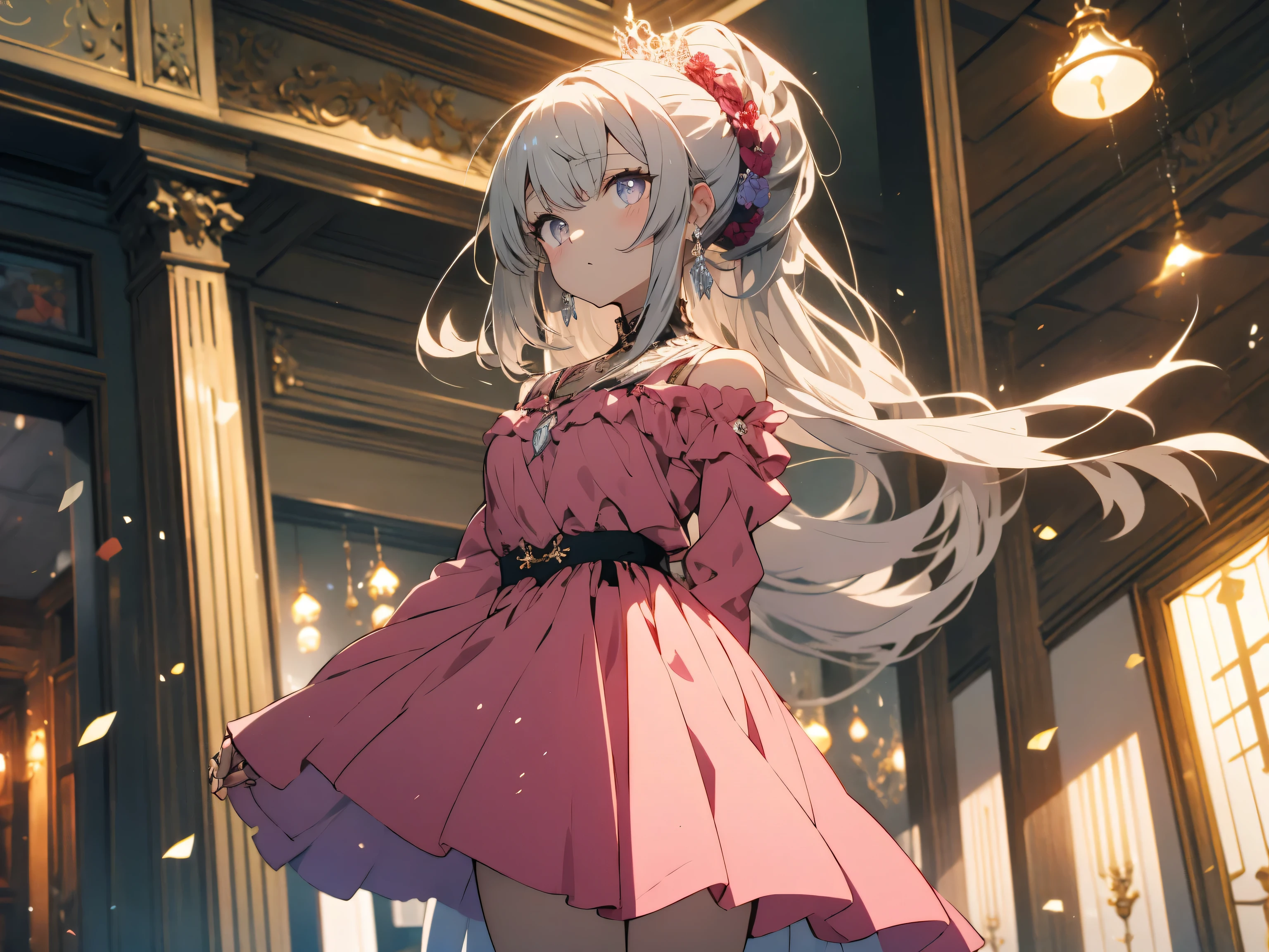 (highest quality、masterpiece、High resolution、detailed)、(Shining eyes、detailed beautiful face)、, BREAK,woman, Severe, elegant, pink dress, aristocratic, silver elements, long nails, bare shoulders, hairstyle, hair up, braids and ponytail, Messy, arrogant, absurd, fine dress, royalty, celebration, hall decorated with flowers, cowboy shot, portrait, (highest quality), (masterpiece), (very detailed), (4k)、, BREAK,beautiful anime
