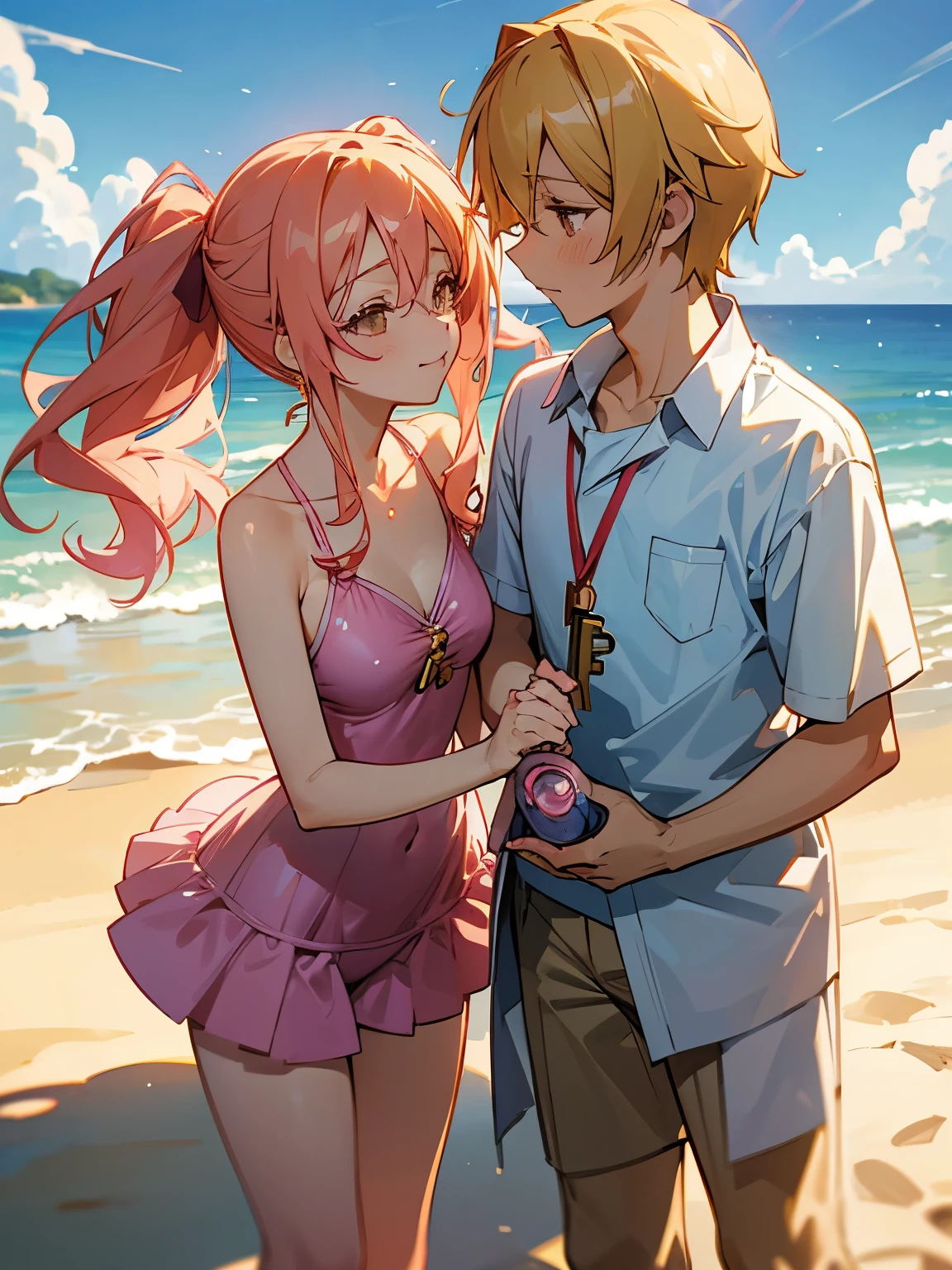 anime couple in swimsuits on beach with blue sky and clouds, shoujo romance, shoujo, shoujo manga, golden time, hana yata, shojo, visual novel key visual, gapmoe yandere, yuyushiki, slice of life anime, visual novel cg, official anime key media, shojo manga, summer setting, cel shaded anime