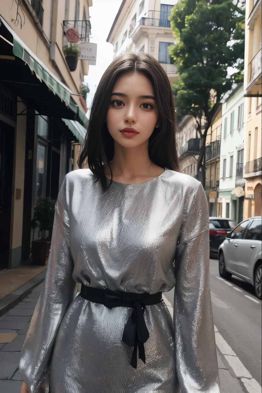 Uma mulher, Cabelo castanho, olhos castanhos, corpo em forma, cabelo longo, Cabelo repartido ao meio, Cabelo liso, vestido vermelho, na rua , Corpo detalhado, olhos detalhados, obra de arte, Melhor qualidade, alta qualidade, raw camera, realista, pessoa real