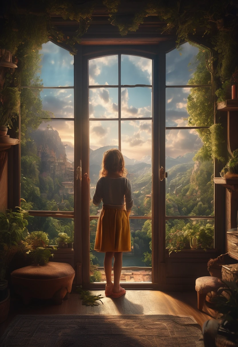 1girl, The View Outside the Window, The view through a window to a magical world, Epic cinematic brilliant stunning intricate meticulously detailed dramatic atmospheric maximalist digital matte painting . masterpiece, best quality, very aesthetic, absurdres, aesthetic