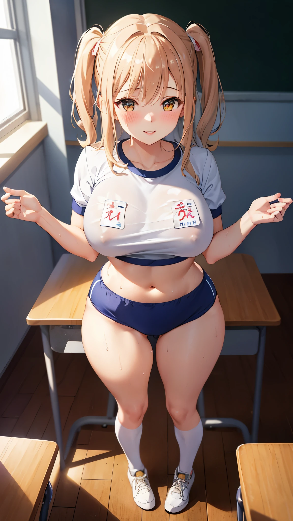 1 girl, parted lips, blush, compensate, light smile, full body, wide angle, From above, classroom, light, shine, thighs thighs thighs, clavicle, tight waist, (table top), wallpaper,chest bulge、thin、(white gym uniform without text、navy blue bloomers)、wet body、cum on face