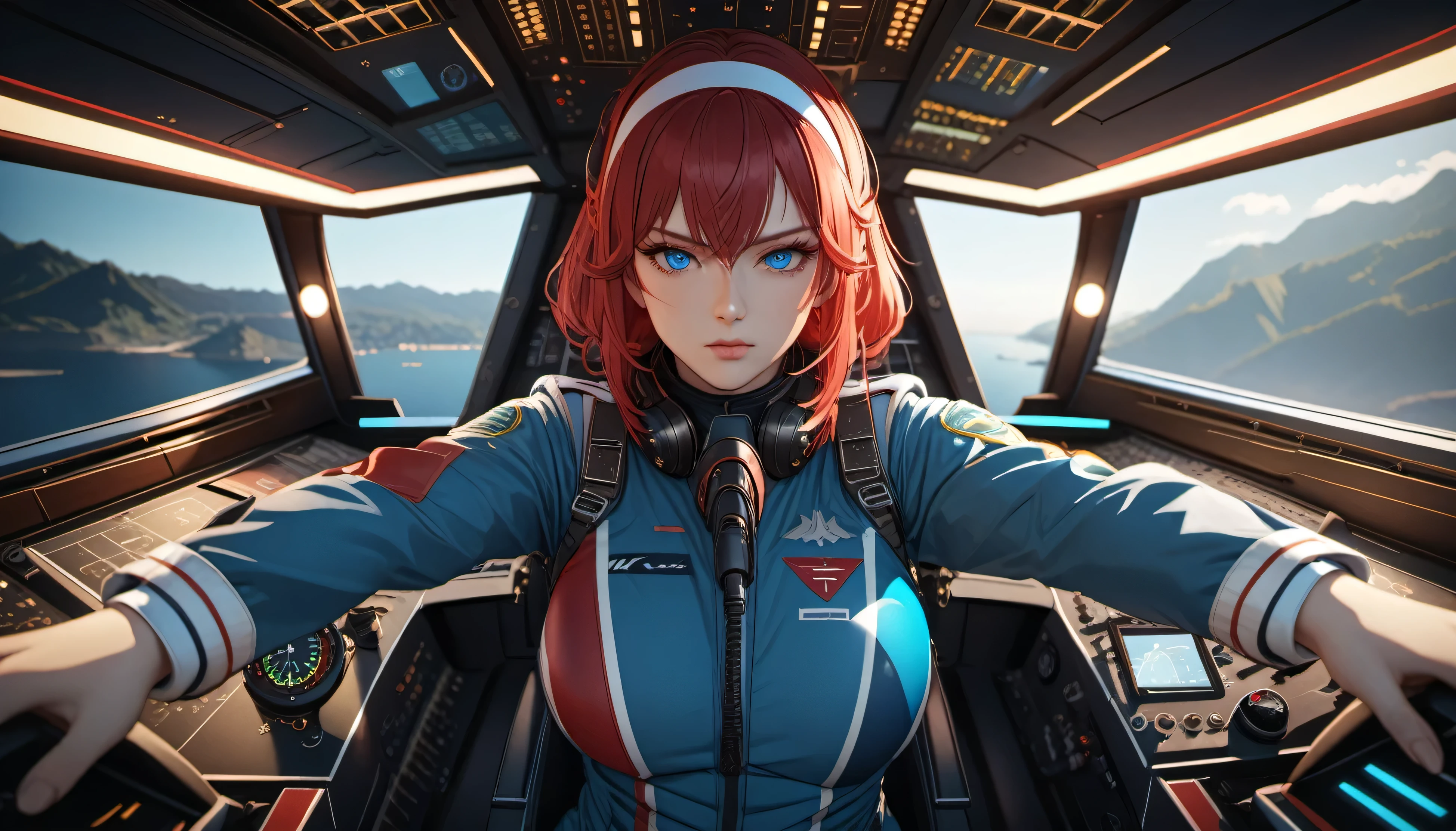 (best quality, masterpiece),kallencodegeass,(pilotsuitr), extremely detailed,1girl,(colorful),(finely detailed beautiful eyes and detailed face),blue eyes,red hair,cinematic lighting,extremely detailed CG unity 8k wallpaper,solo,serious,cockpit,(cowboy shot),(red headband)