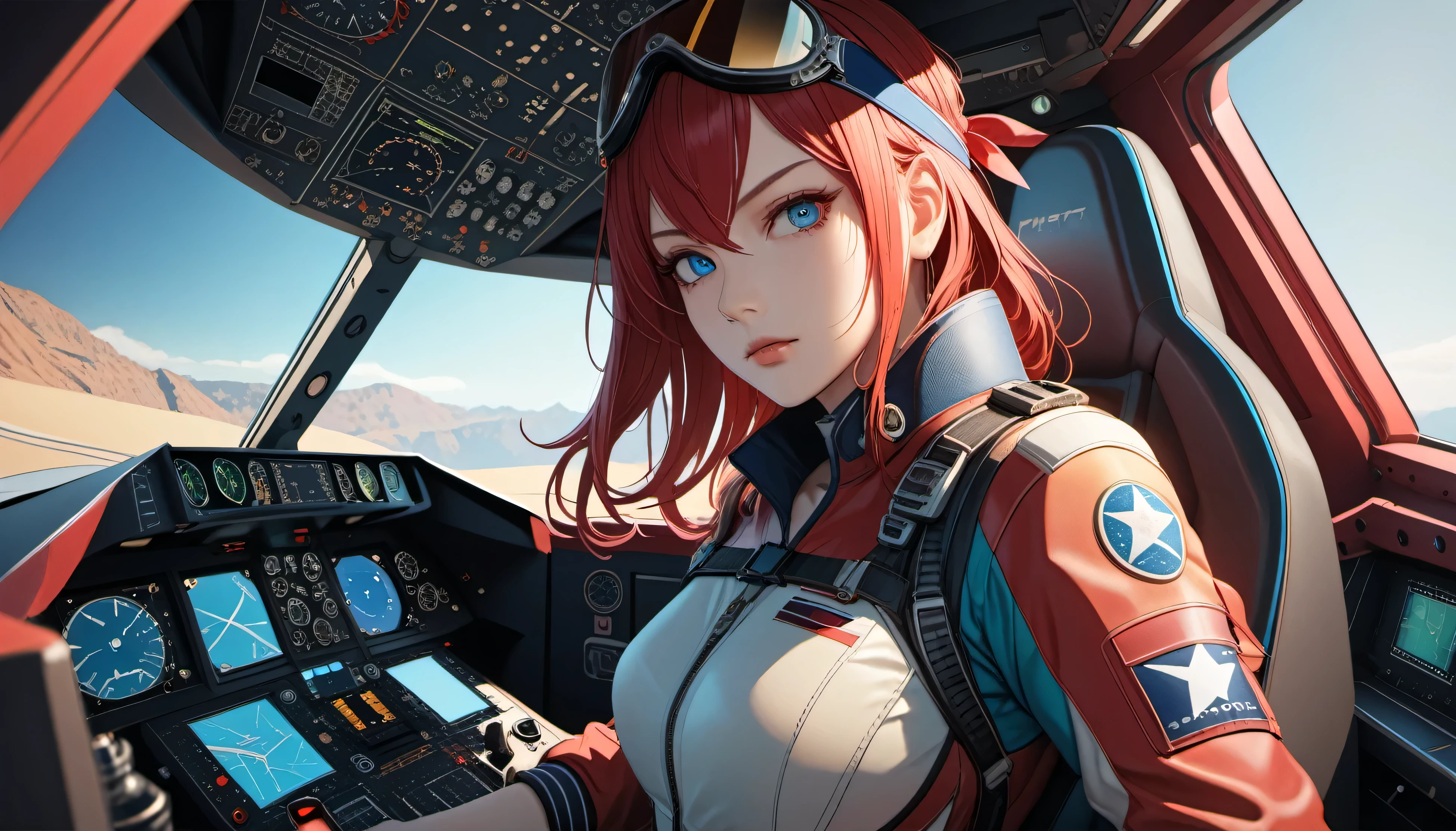 (best quality, masterpiece),kallencodegeass,(pilotsuitr), extremely detailed,1girl,(colorful),(finely detailed beautiful eyes and detailed face),blue eyes,red hair,cinematic lighting,extremely detailed CG unity 8k wallpaper,solo,serious,cockpit,(cowboy shot),(red headband)