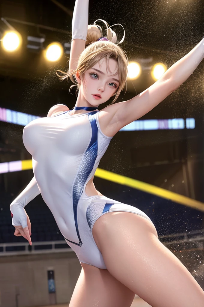(Best Quality,8K,hight resolution,masuter piece:1.2),Ultra-detailed,Realistic:1.37,Portrait,Dynamic Angle,Women's rhythmic gymnasts ,age girl,small head,Cute,Sporty,Charming face,Detailed beauty face,Very realistic skin,Wet skin,Sweat,Large breasts,Narrow waist,nice legs ,Sporty,Rhythmic gymnastics venue,Cinematic lighting,