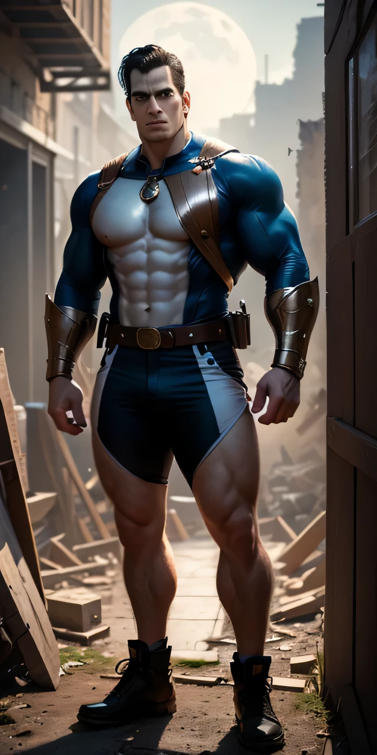 Movie poster, character design (Henry Cavill) wearing a military uniform, standing alone in the ruins of the Starship, with a cool expression, muscular male hero, heroic male pose, tall and burly, muscular! Wearing sunglasses, sexy charming muscular leg muscles, tall burly, creamy white combat suit, super gain and cool, high resolution committee, cream combat boots, attractive strong male, bright moonlight on the body,