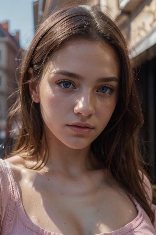 8K, Best Quality, Masterpiece, Ultra High Resolution, (Realism: 1.4), Original Photo, (Realistic Skin Texture: 1.3), (Film Grain: 1.3), (Selfie Angle), 1 Girl, Pink Clothes, Sapphire Color Eyes and Beautiful Face Details, Masterpiece, Best Quality, Close Up, Upper Body