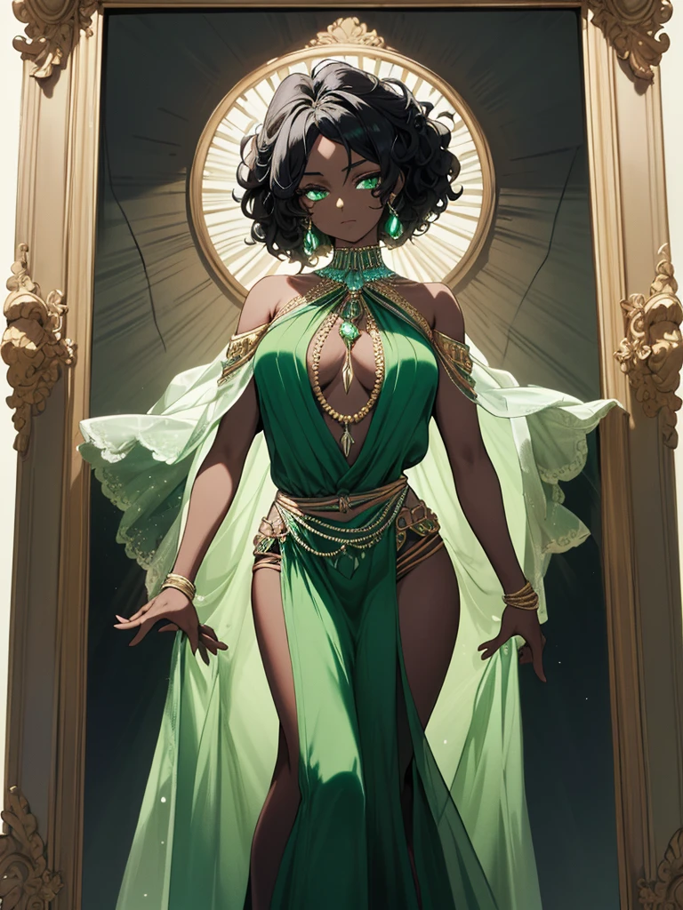 A woman with resplendent black skin, with curly black hair that forms a natural frame, displays emerald green eyes that capture attention. Her body features an elegant slim waist, robust thighs and a delicately , while wearing a stunning Grecian outfit that highlights her unique beauty.