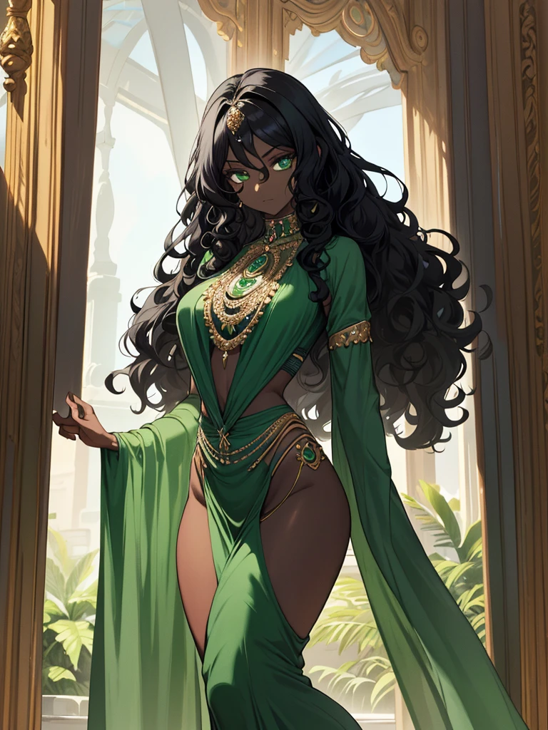A woman with resplendent black skin, with curly black hair that forms a natural frame, displays emerald green eyes that capture attention. Her body features an elegant slim waist, robust thighs and a delicately , while wearing a stunning Grecian outfit that highlights her unique beauty.