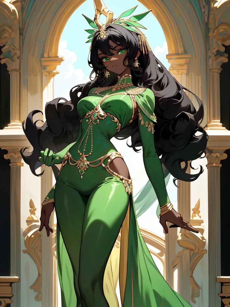 A woman with resplendent black skin, with curly black hair that forms a natural frame, displays emerald green eyes that capture attention. Her body features an elegant slim waist, robust thighs and a delicately , while wearing a stunning Grecian outfit that highlights her unique beauty.