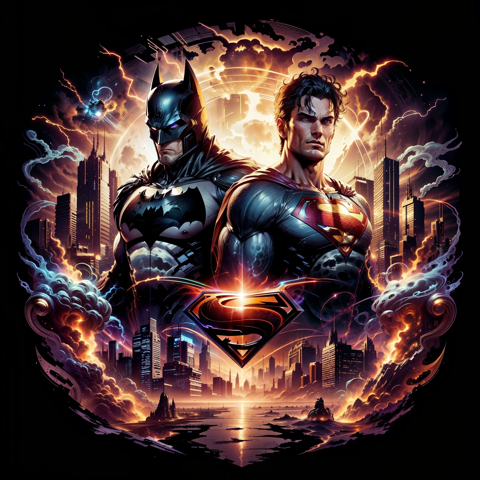 batman and superman in a city scene with a full moon, dc comics art style, in the style dan mumford artwork, textless, inspired by Dan Mumford, el bosco and dan mumford, art of alessandro pautasso, in the art style of dan mumford, by Dan Mumford, anton fadeev and dan mumford, dc comics style, josan gonzales and dan mumford