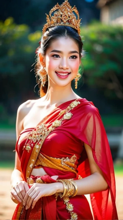Thaifacemixx,full body image, Virtual image、Realistic picture,Complete Anatomy), 1 Thai Girl、dark brown hair、Bare your big breasts, Show off your beautiful breasts..,Glowing skin、The most spectacular Thai costume,Pearl red gold color((The details are very realistic..))、Bright and soft on the eyes,realistic light illumination、sparkling eyes、Turn your face to me ,Masterpiece、Asian beauty、สตูดิโอที่สวยงาม Complete Anatomy、、beautiful background、Realistic picture8k、Highest quality、Masterpiece、very delicate