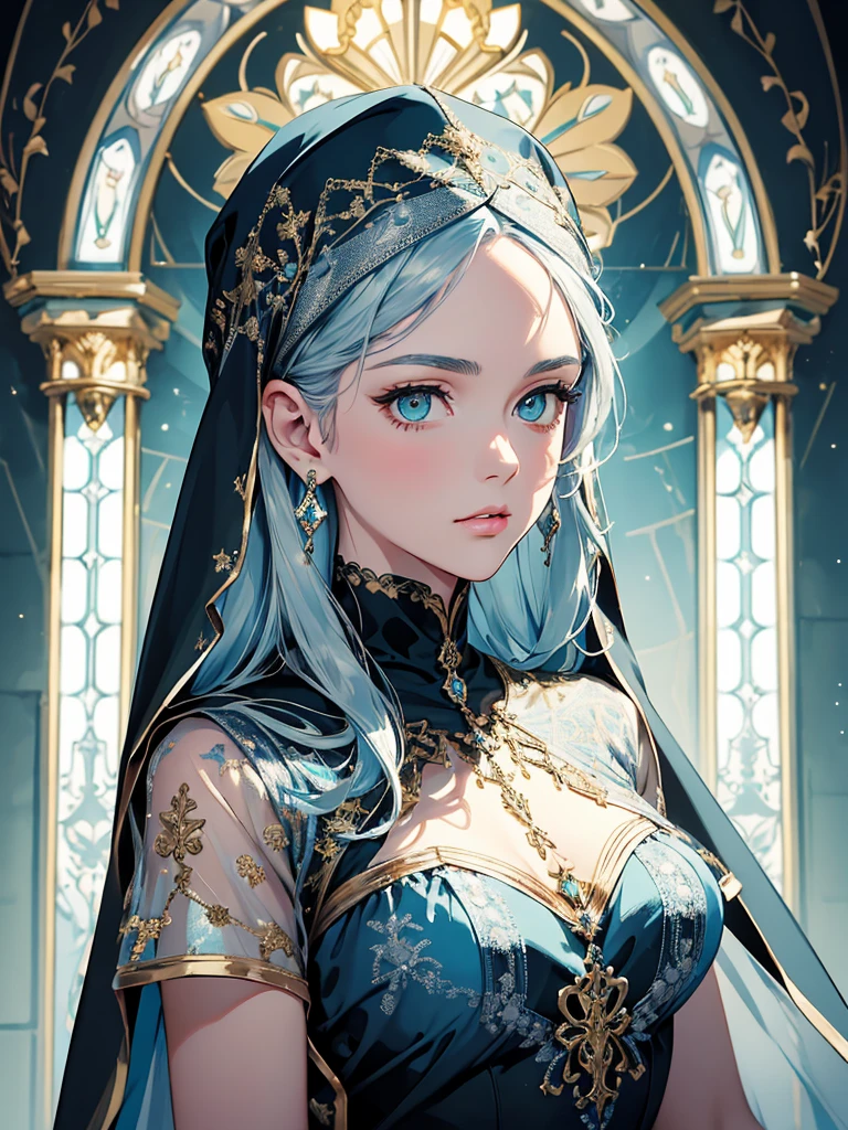 (best quality, high resolution, masterpiece:1.2), Super detailed, Beautiful and delicate lake green eyes, Beautiful and delicate lips, extremely detailed face, super long hair, 1 girl, Beautiful girl with aqua blue hair, Wearing a dark blue nun costume, see-through chiffon platinum nuns headscarf, (gold ornaments), ((golden and silver pattern)), (light blue pattern:1.37), (complex pattern:0.9), Lovely, attractive, portrait, delicate eyes, ancient church, Luminous earrings, Reflective pupil, see-through clothing design, (empty:0.7), chiffon, (lace:0.7), black gloves, Cubist Futurism, anime, Cubist Futurism, anime, 8K, textured skin, UHD, ccurate, textured skin, super detail, UHD, ccurate