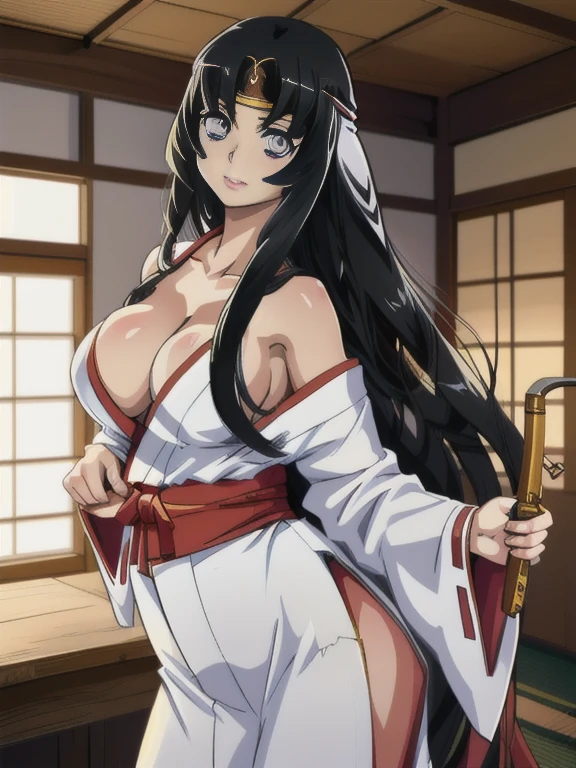 ((masterpiece, best quality, high resolution, UHD, pixel perfect, depth of field, 8k, RTX, HDR))cowboy shot, BREAK, 1girl, single, alone, beautiful anime girl, beautiful art style, anime character, ((style of Akame Ga Kill!)),((long hair, black hair)), (round eyes, beautiful eyelashes, realistic eyes), big chest 1.8, with cleavage, neckline, blushing, wears a red band on her head, with a white Busdist kimono, BREAK, in pose dynamic, holding a katana with one hand in a old dojo of japan