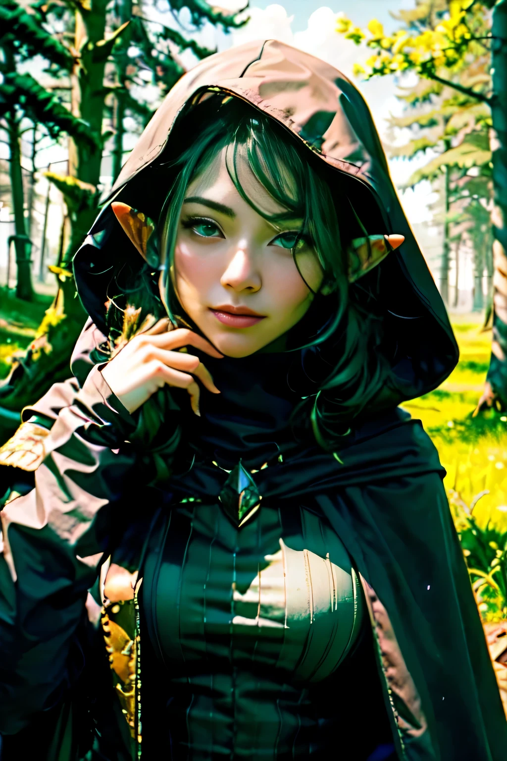 best quality , masterpiece, close up portrait, 1girl, elven armor, dark cloak hood over head, outdoors, nature, wilderness, look at viewer