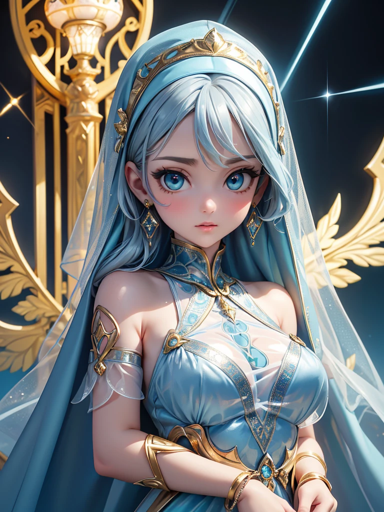 (best quality, high resolution, masterpiece:1.2), Super detailed, Beautiful and delicate lake green eyes, Beautiful and delicate lips, extremely detailed face, super long hair, 1 girl, Beautiful girl with aqua blue hair, Wearing a dark blue nun costume, see-through chiffon platinum nuns headscarf, (gold ornaments), ((golden and silver pattern)), (light blue pattern:1.37), (complex pattern:0.9), Lovely, attractive, portrait, delicate eyes, ancient  church, Luminous earrings, Reflective pupil, see-through clothing design, (empty:0.7), chiffon, (lace:0.7), black gloves, Cubist Futurism, anime, Cubist Futurism, anime, 8K, textured skin, UHD, ccurate, textured skin, super detail, UHD, ccurate