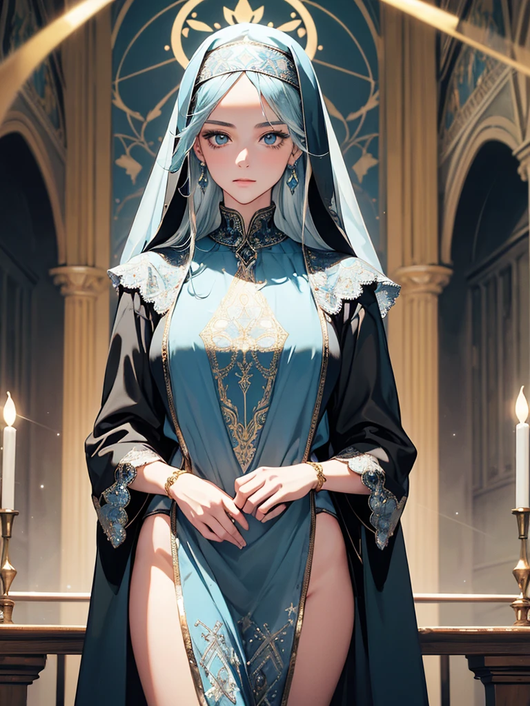 (best quality, high resolution, masterpiece:1.2), Super detailed, Beautiful and delicate lake green eyes, Beautiful and delicate lips, extremely detailed face, super long hair, 1 girl, Beautiful girl with aqua blue hair, Wearing a dark blue nun costume, see-through chiffon platinum nuns headscarf, (gold ornaments), ((golden and silver pattern)), (light blue pattern:1.37), (complex pattern:0.9), Lovely, attractive, portrait, delicate eyes, ancient  church, Luminous earrings, Reflective pupil, see-through clothing design, (empty:0.7), chiffon, (lace:0.7), black gloves, Cubist Futurism, anime, Cubist Futurism, anime, 8K, textured skin, UHD, ccurate, textured skin, super detail, UHD, ccurate